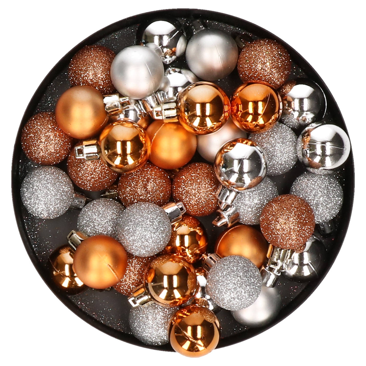 Kleine kunststof kerstversiering 40x stuks set en 3 cm kerstballen in het zilver en koper Kerstbal