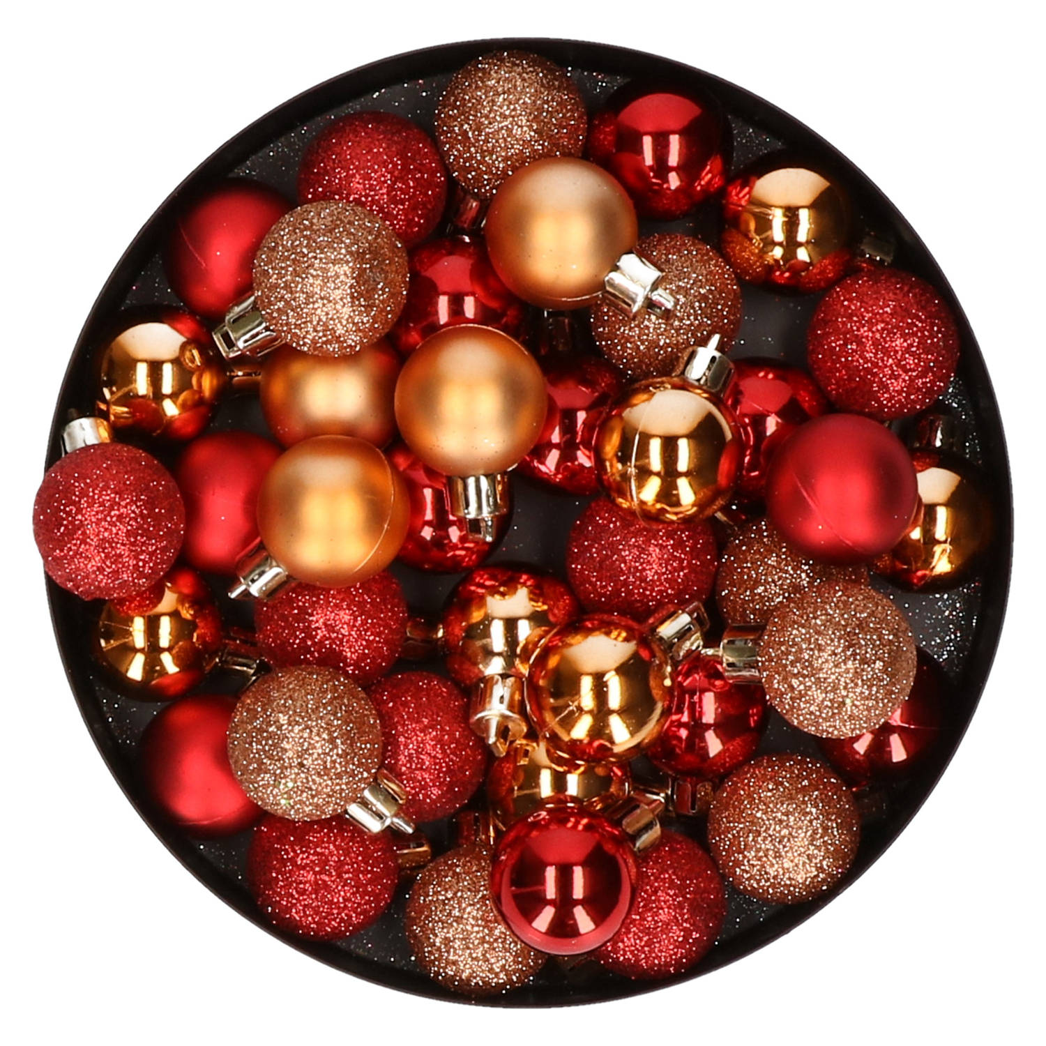 Kleine kunststof kerstversiering 40x stuks set en 3 cm kerstballen in het koper en rood Kerstbal