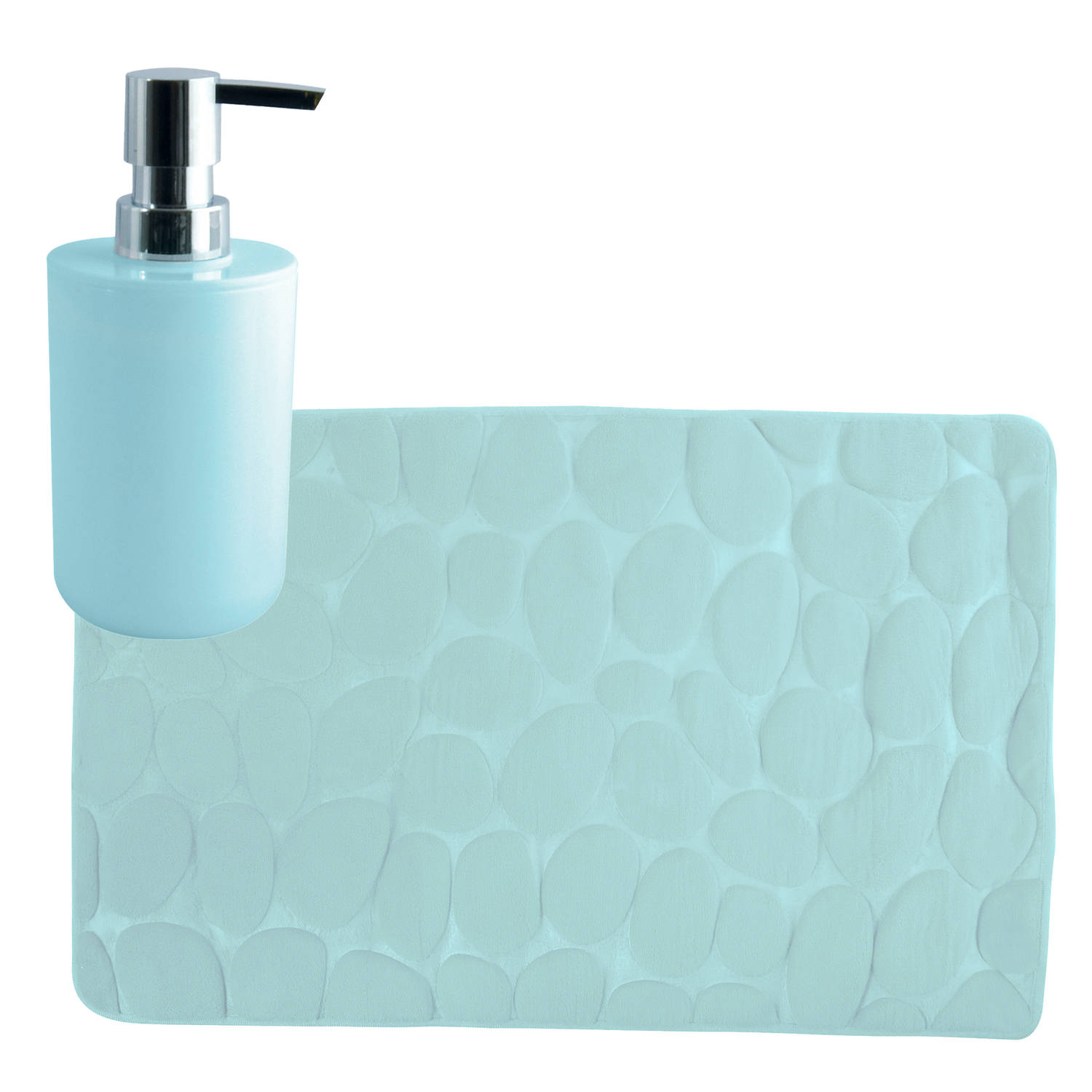 MSV badkamer droogloop mat-tapijt Kiezel 50 x 80 cm zelfde kleur zeeppompje mintgroen Badmatjes