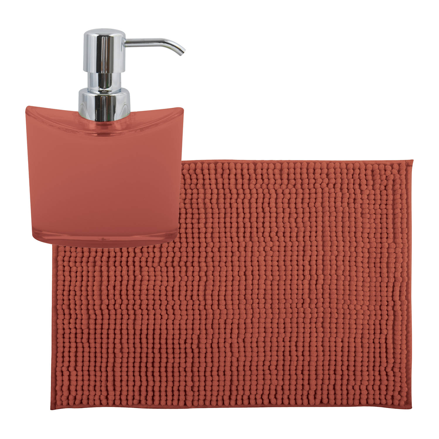 MSV badkamer droogloop mat-tapijtje 40 x 60 cm en zelfde kleur zeeppompje 260 ml terracotta Badmatje