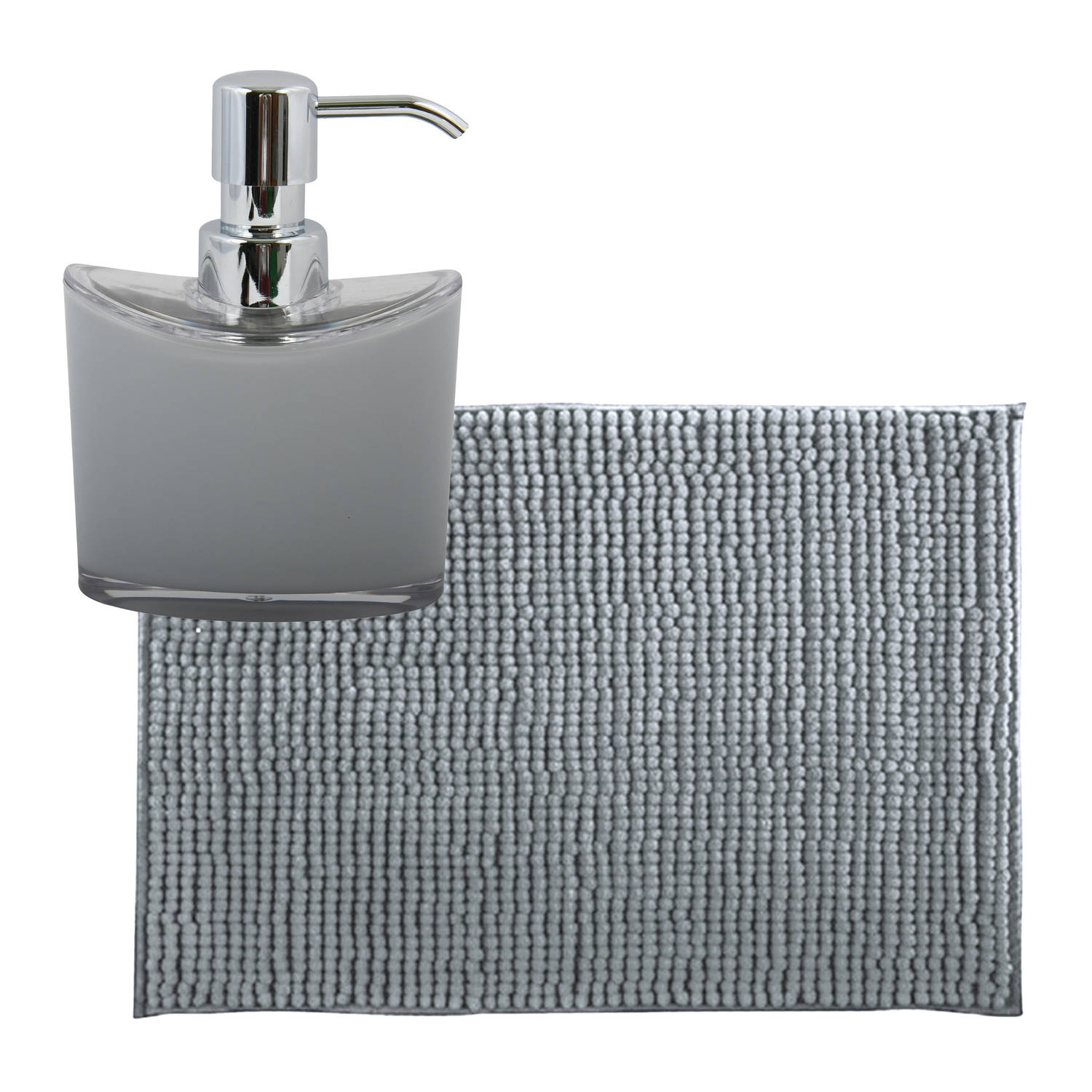 MSV badkamer droogloop mat-tapijtje 50 x 80 cm en zelfde kleur zeeppompje 260 ml lichtgrijs Badmatje