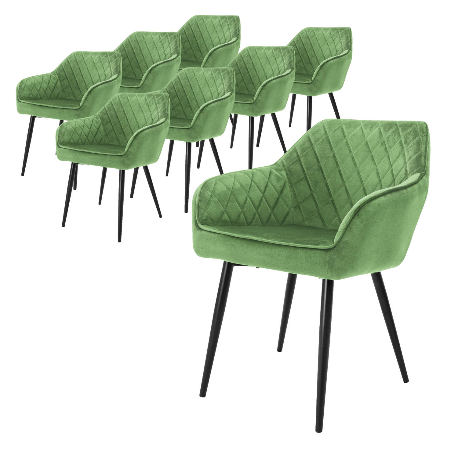 ML-Design set van 8 eetkamerstoelen met armleuning en rugleuning, groen, keukenstoel met fluwelen bekleding, gestoffeerde stoel met metalen poten, ergonomische stoel voor eettafel,