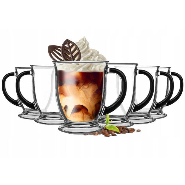 Glasmark Koffie glazen - 12x - met oor - zwart - 400 ml - latte macchiato glazen - Koffie- en theeglazen