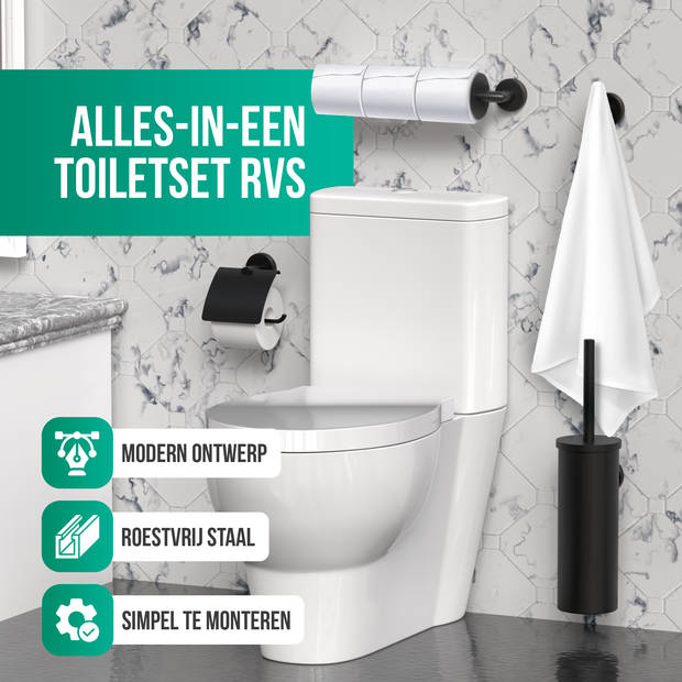 Avalo Toiletaccessoireset Zwart 4-delig - Luxe Toilet Set - Toiletborstel met Houder / Toiletrolhouder /