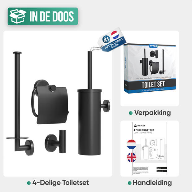 Avalo Toiletaccessoireset Zwart 4-delig - Luxe Toilet Set - Toiletborstel met Houder / Toiletrolhouder /