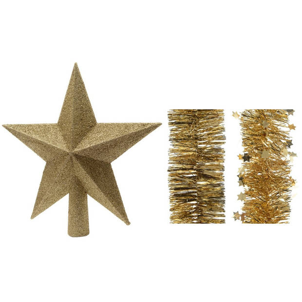 Kerstversiering kunststof glitter ster piek 19 cm en folieslingers pakket goud van 3x stuks - kerstboompieken