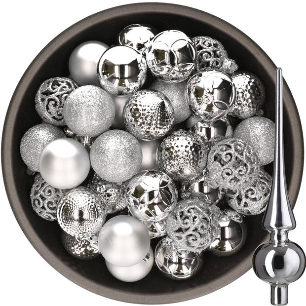 37x stuks kunststof kerstballen 6 cm incl. glazen piek glans zilver - Kerstbal