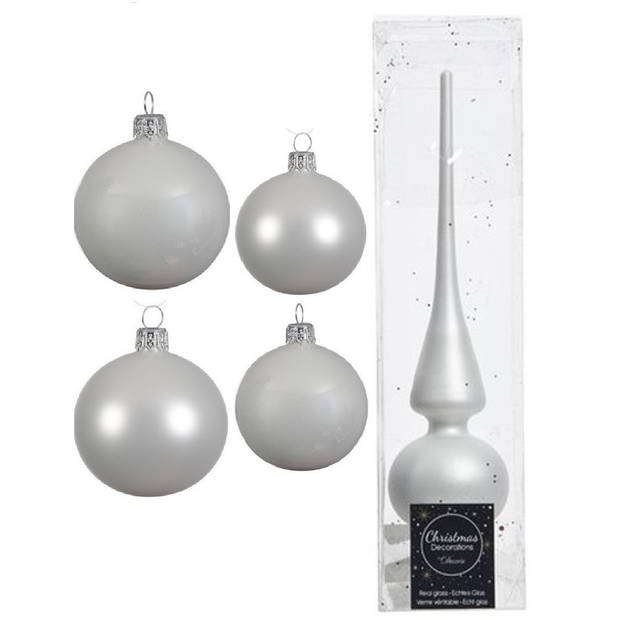 Glazen kerstballen pakket winter wit glans/mat 38x stuks 4 en 6 cm met piek mat - Kerstbal
