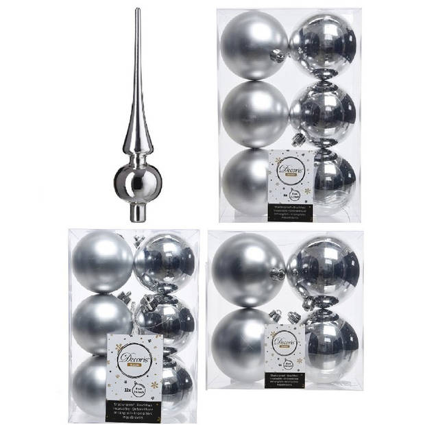 Kerstversiering kunststof kerstballen met piek zilver 6-8-10 cm pakket van 45x stuks - Kerstbal