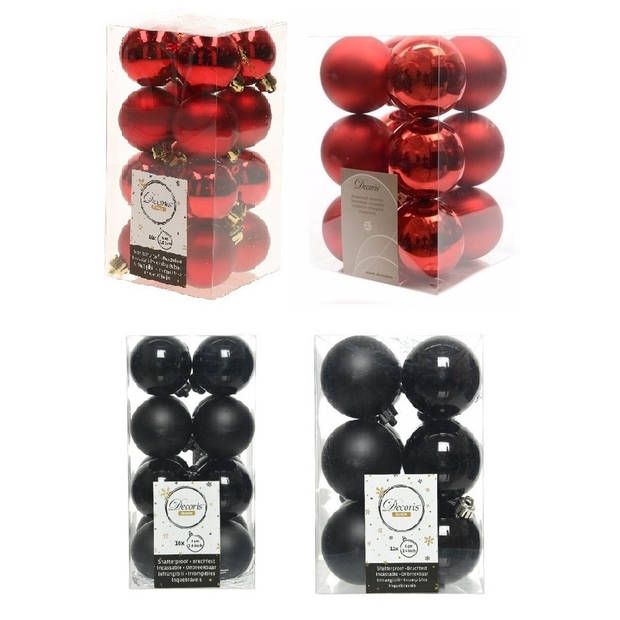 Kerstversiering kunststof kerstballen mix zwart/ rood 4 en 6 cm pakket van 80x stuks - Kerstbal