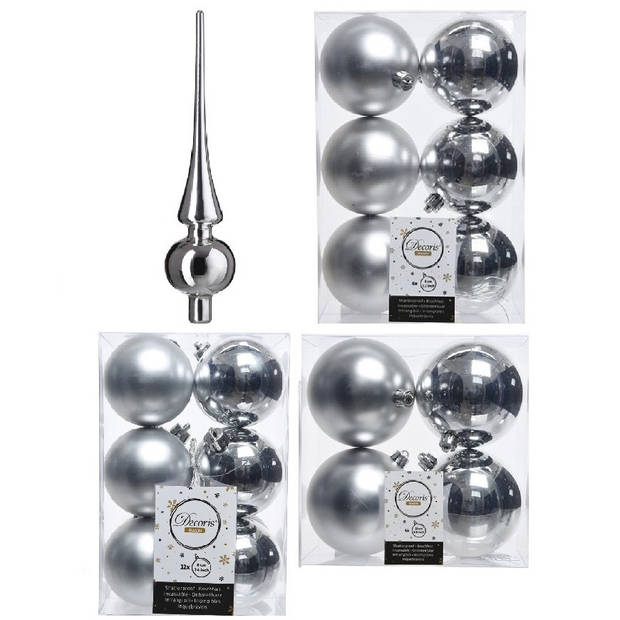 Kerstversiering kunststof kerstballen met piek zilver 6-8-10 cm pakket van 37x stuks - Kerstbal