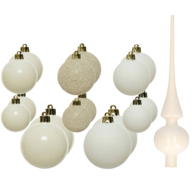 Set van 26x stuks kunststof kerstballen en glazen piek wol wit - Kerstbal