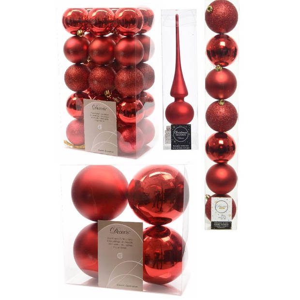 Kerstversiering kunststof kerstballen met piek rood 6-8-10 cm pakket van 42x stuks - Kerstbal