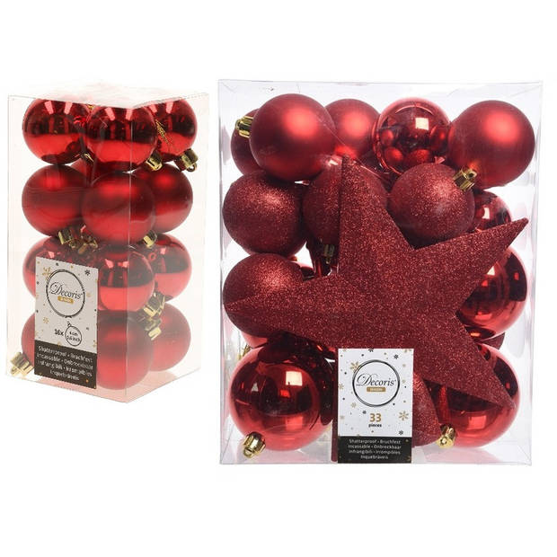 Kerstversiering kunststof kerstballen met piek rood 4-5-6-8 cm pakket van 49x stuks - Kerstbal