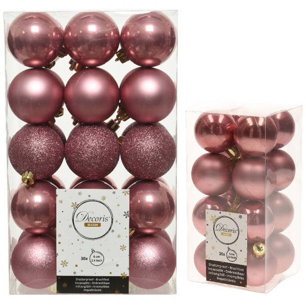 Kerstversiering kunststof kerstballen oud roze 4-6 cm pakket van 46x stuks - Kerstbal