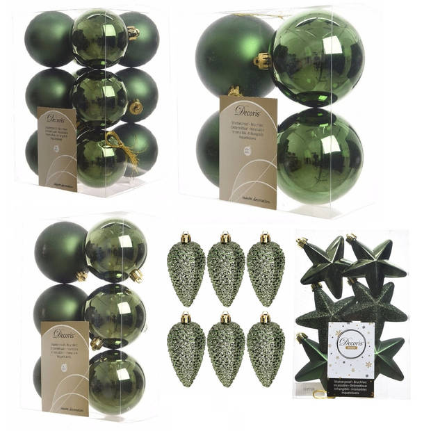 Kerstversiering kunststof kerstballen donkergroen 6-8-10 cm pakket van 62x stuks - Kerstbal