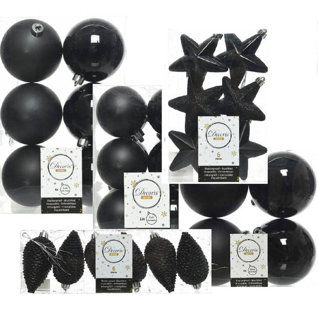 Kerstversiering kunststof kerstballen zwart 6-8-10 cm pakket van 62x stuks - Kerstbal