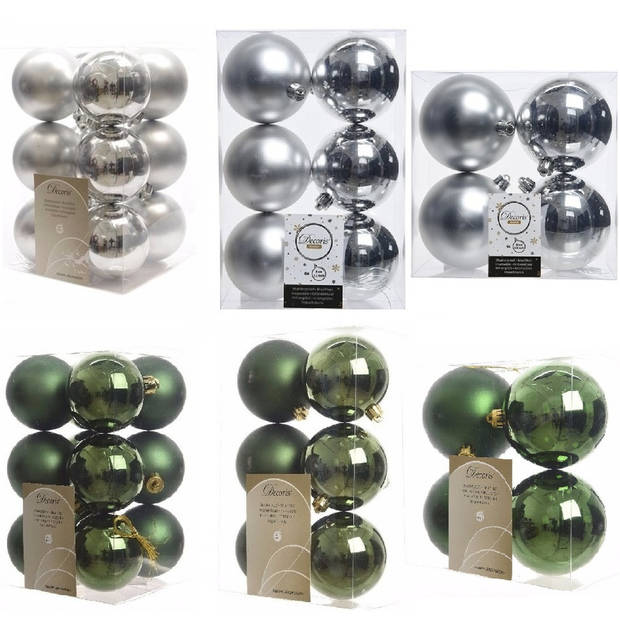 Kerstversiering kunststof kerstballen mix donkergroen/zilver 6-8-10 cm pakket van 44x stuks - Kerstbal
