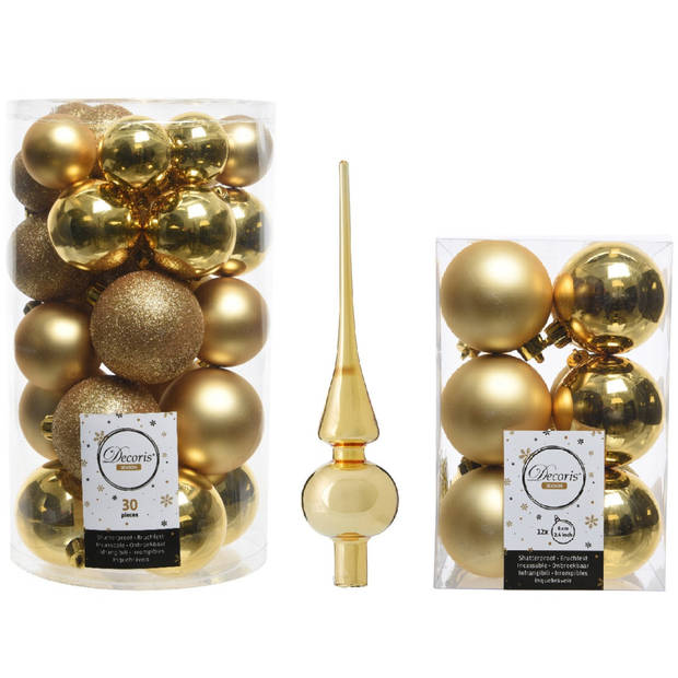 Kerstversiering kunststof kerstballen met piek goud 4-5-6 cm pakket van 43x stuks - Kerstbal