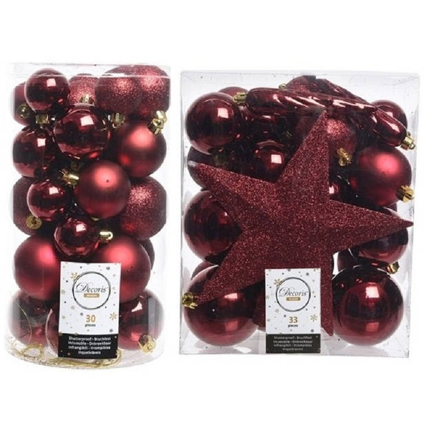 Kerstversiering kunststof kerstballen met piek donkerrood 4-5-6-8 cm pakket van 59x stuks - Kerstbal