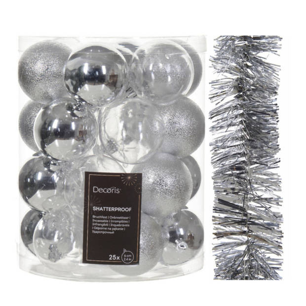 Kerstversiering set - zilver - kerstballen 6 cm en slinger - kunststof - Kerstbal