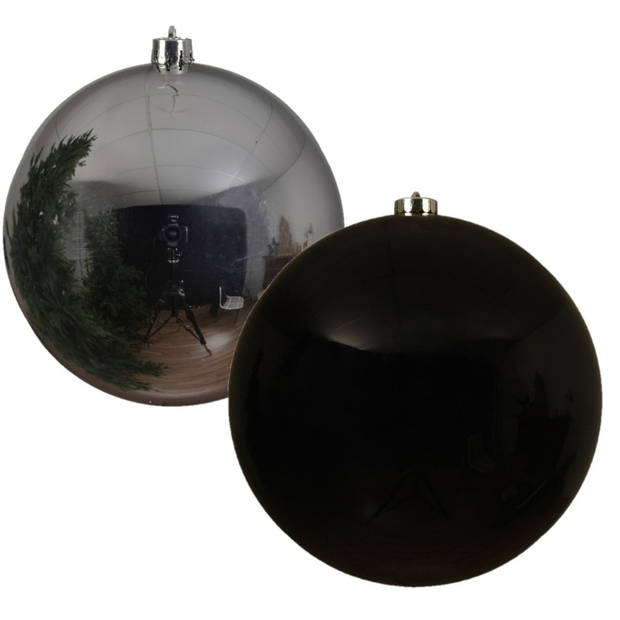 2x stuks grote kerstballen van 20 cm glans van kunststof zwart en zilver - Kerstbal