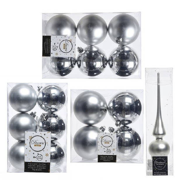 Kerstversiering kunststof kerstballen met piek zilver 6-8-10 cm pakket van 45x stuks - Kerstbal