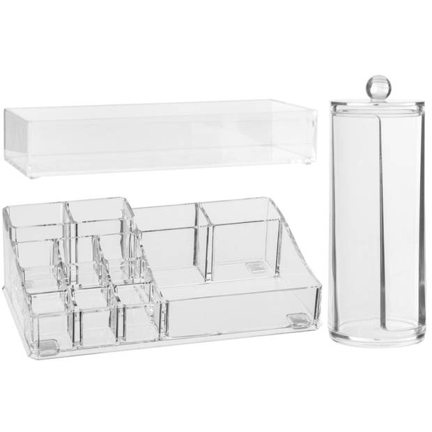 Make-up organizer set vakjes 22,5 x 7 en 25.5 x 5 cm en een wattenschijfjes dispenser - Make-up dozen