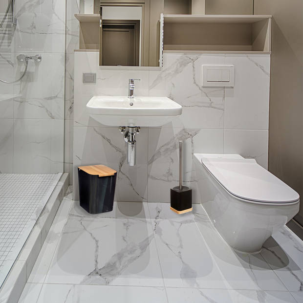 Badkamer/toilet accessoires set - WC-borstel in houder en prullenbak - zwart - bamboe - 5 liter - Badkameraccessoireset