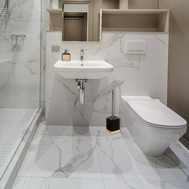 Badkamer/toilet accessoires set - WC-borstel in houder en zeeppompje - zwart - bamboe - 200 ml - Badkameraccessoireset