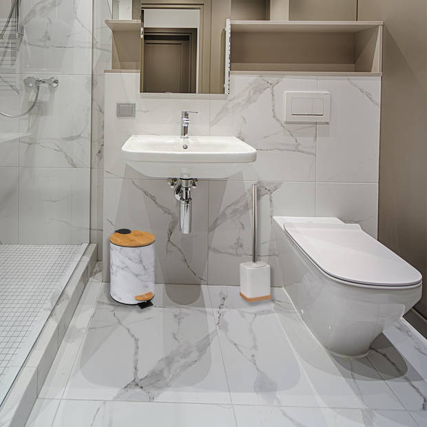Badkamer/toilet accessoires set - WC-borstel in houder en prullenbak - wit - bamboe - 3 liter - Badkameraccessoireset