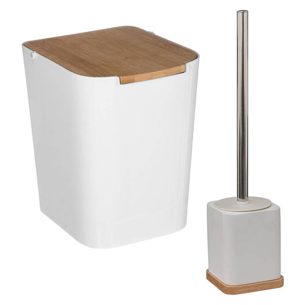 Badkamer/toilet accessoires set - WC-borstel in houder en prullenbak - wit - bamboe - 5 liter - Badkameraccessoireset