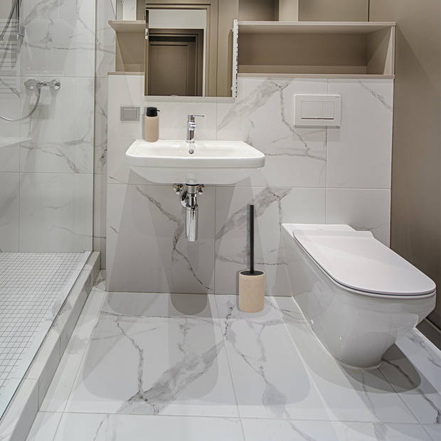 Toiletborstel in houder Onyx - beige - polystone - 40 x 9 cm - met zeeppompje - Toiletborstels
