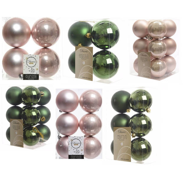 Kerstversiering kunststof kerstballen mix lichtroze/donkergroen 6-8-10 cm pakket van 44x stuks - Kerstbal