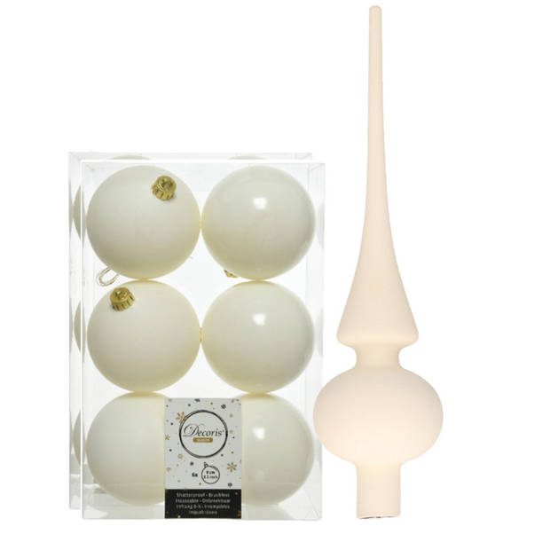 Set van 12x stuks kunststof kerstballen 8 cm en glazen piek wol wit - Kerstbal