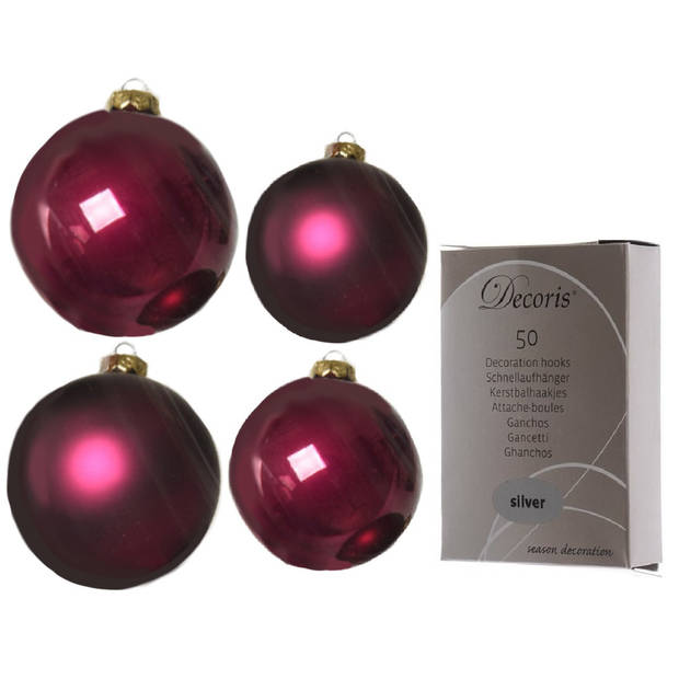 Glazen kerstballen pakket framboos roze glans/mat 38x stuks 4 en 6 cm inclusief haakjes - Kerstbal