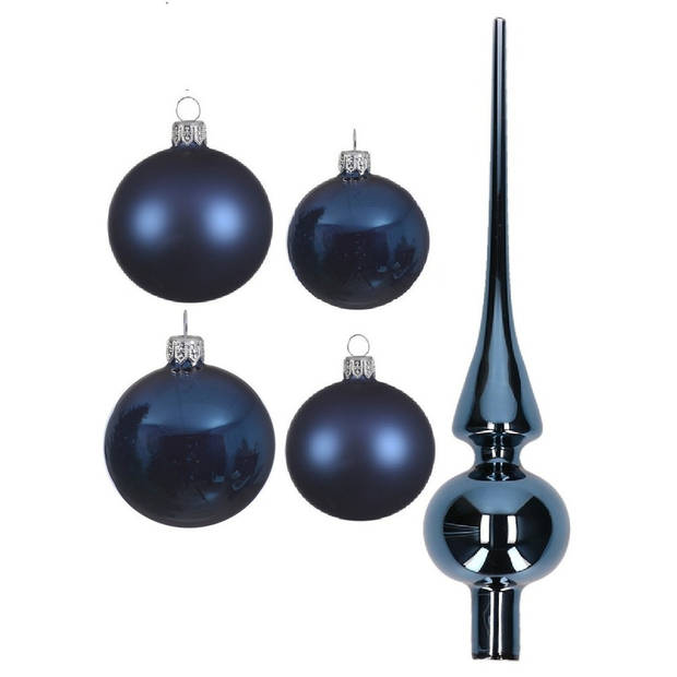 Glazen kerstballen pakket donkerblauw glans/mat 38x stuks 4 en 6 cm met piek glans - Kerstbal