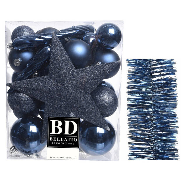 Kerstversiering kerstballen 5-6-8 cm met ster piek en folieslingers pakket donkerblauw van 35x stuks - Kerstbal