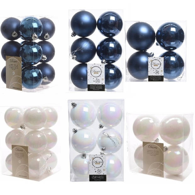 Kerstversiering kunststof kerstballen mix donkerblauw/parelmoer wit 6-8-10 cm pakket van 44x stuks - Kerstbal