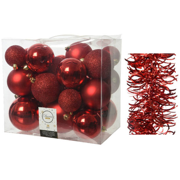 Kerstversiering kunststof kerstballen 6-8-10 cm met golf folieslingers pakket rood van 28x stuks - Kerstbal