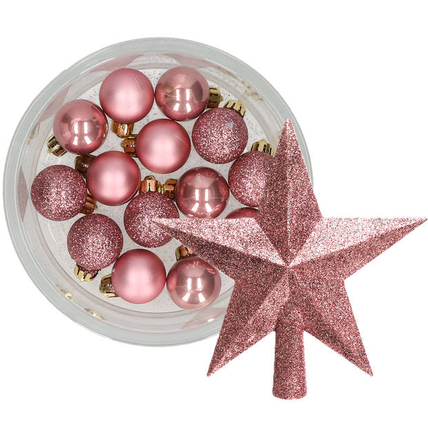 Decoris 14x stuks kerstballen 3 cm met ster piek oudroze kunststof - Kerstbal