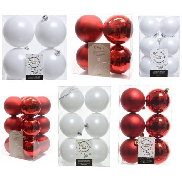 Kerstversiering kunststof kerstballen mix rood/winter wit 6-8-10 cm pakket van 44x stuks - Kerstbal