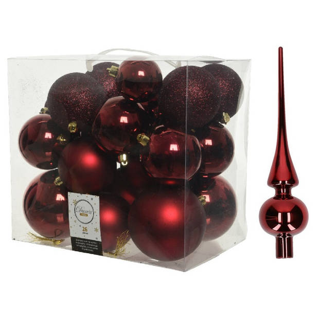 Kerstversiering kunststof kerstballen met piek donkerrood 6-8-10 cm pakket van 27x stuks - Kerstbal