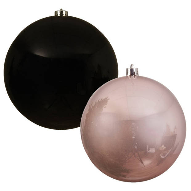 2x stuks grote kerstballen van 20 cm glans van kunststof roze en zwart - Kerstbal