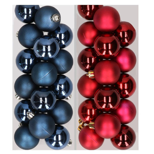32x stuks kunststof kerstballen mix van donkerblauw en donkerrood 4 cm - Kerstbal
