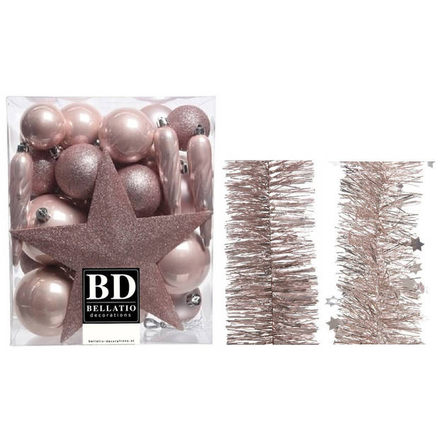 Kerstversiering kerstballen 5-6-8 cm met ster piek en folieslingers pakket lichtroze van 35x stuks - Kerstbal