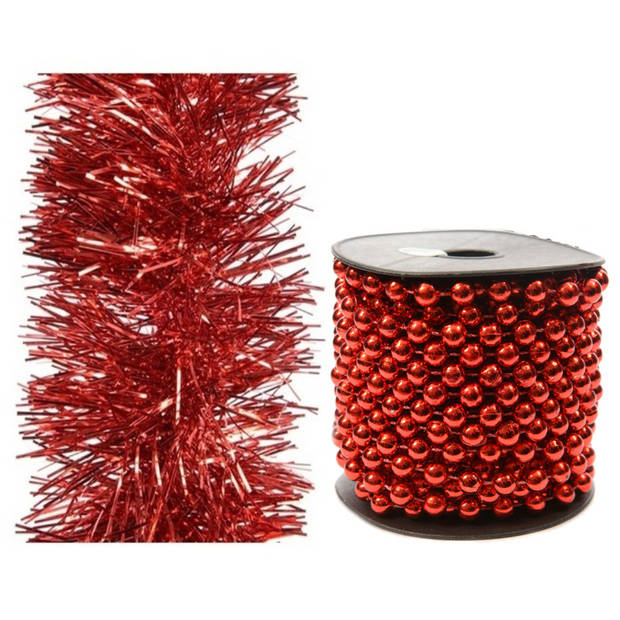 Set van kralenslinger 10 mtr en folie slinger 2,7 m rood - Kerstslingers