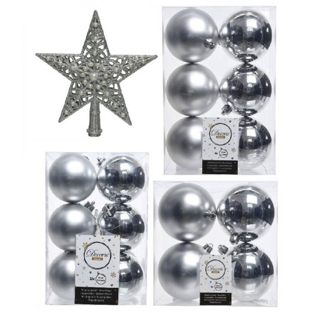 Kerstversiering kunststof kerstballen met piek zilver 6-8-10 cm pakket van 45x stuks - Kerstbal