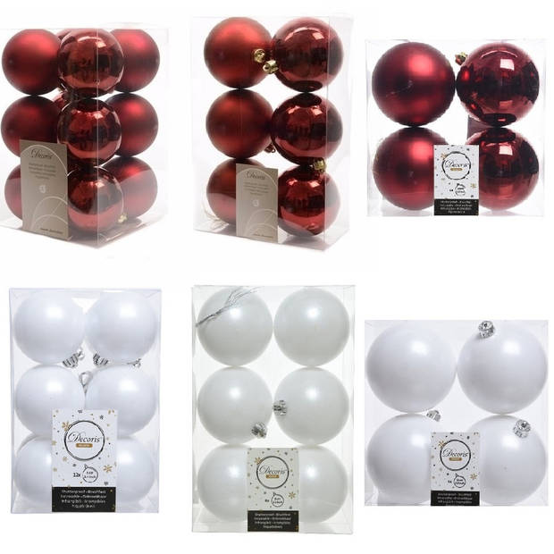Kerstversiering kunststof kerstballen mix winter wit/donkerrood 6-8-10 cm pakket van 44x stuks - Kerstbal