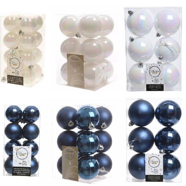 Kerstversiering kunststof kerstballen mix donkerblauw/parelmoer wit 4-6-8 cm pakket van 68x stuks - Kerstbal